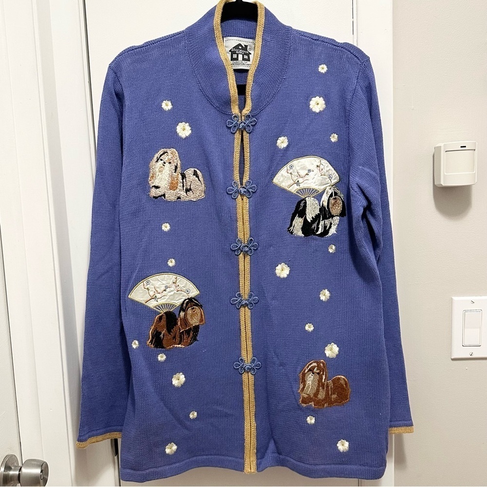 Storybook Knits Shih Tzu Pekingese Dog Cardigan Sweater L embroidered blue NEW